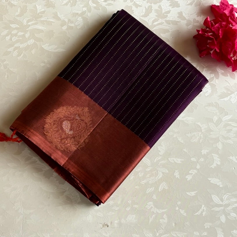 Deep Aubergine Designer Pure Silk Saree With Copper Rust Pallu