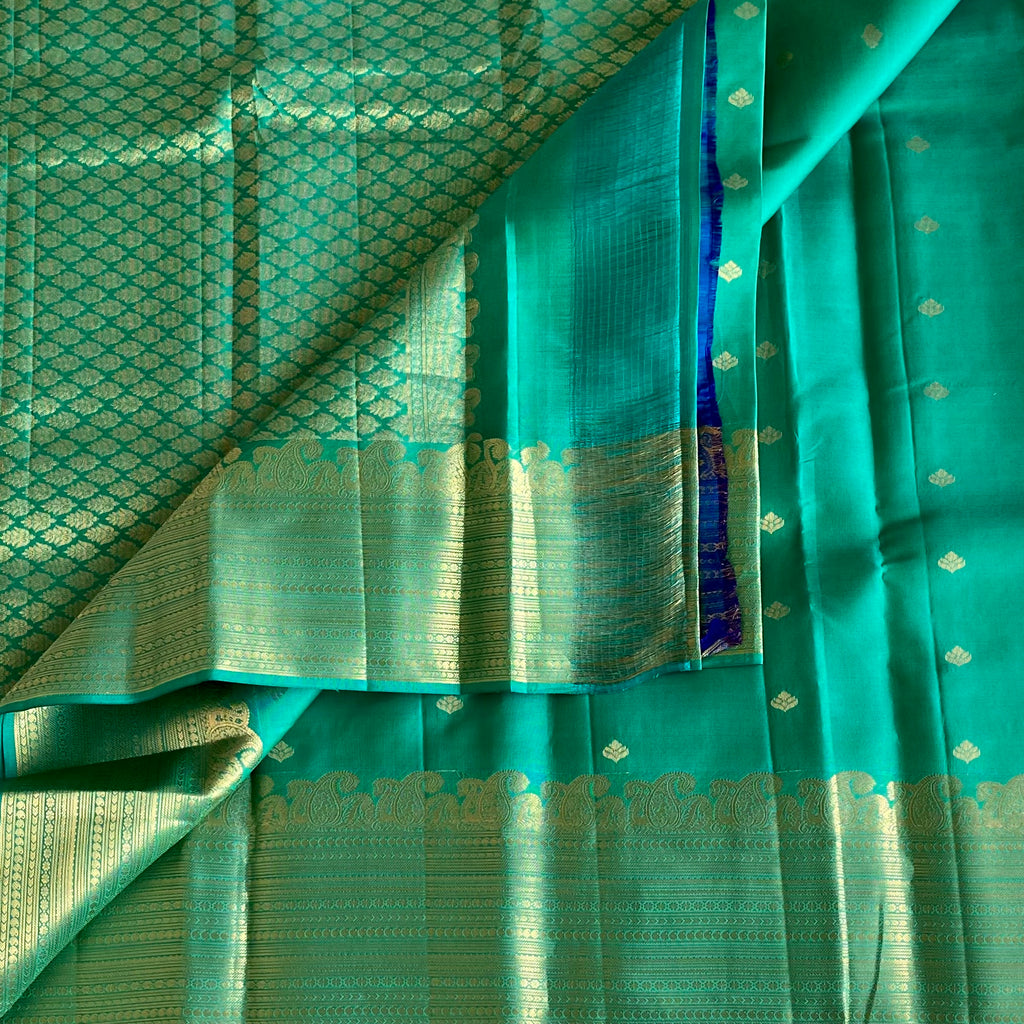 Teal Green Designer Pure Silk Saree With Metallic Gold Pallu