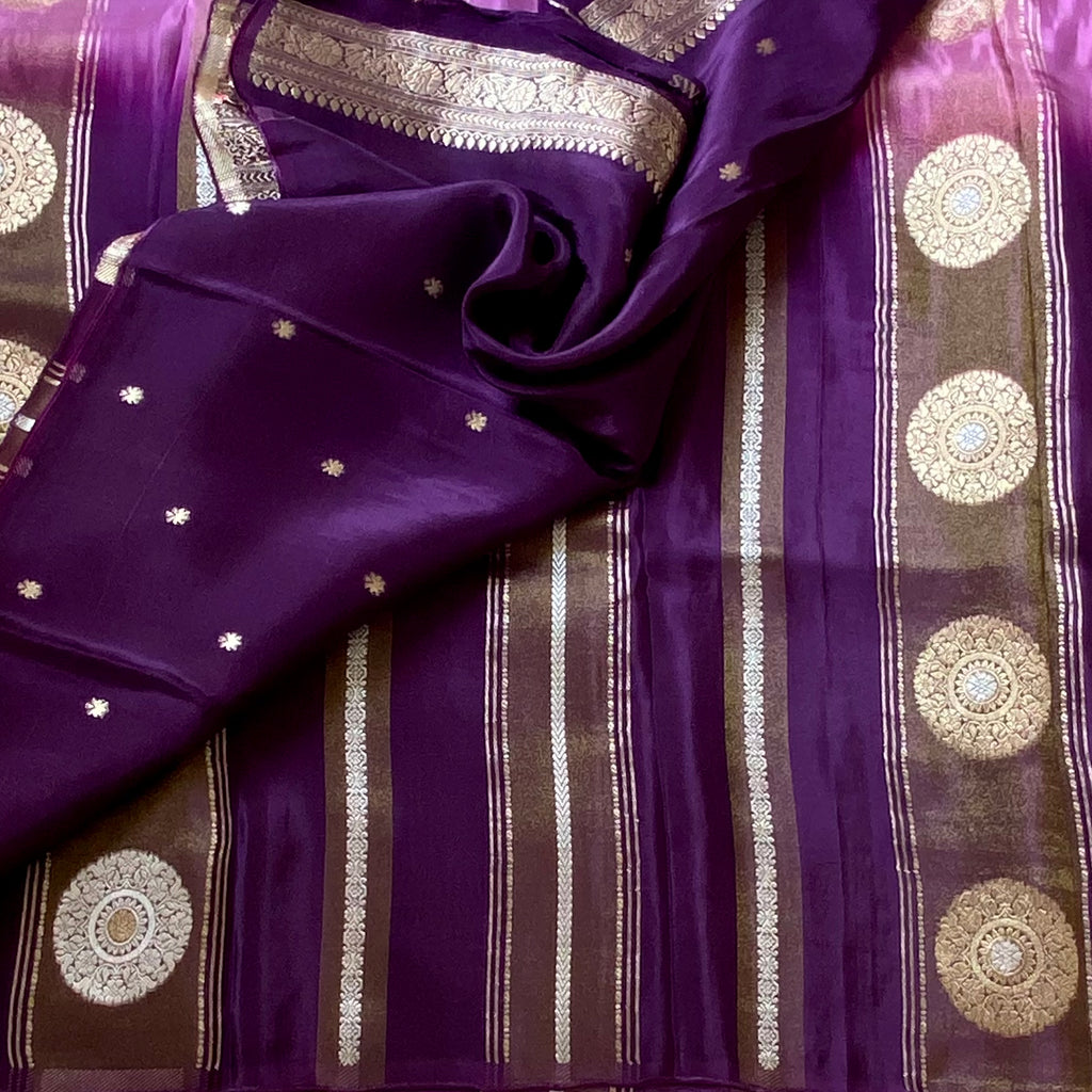 Ombre Lilac with purple soft satin crepe with zari woven work