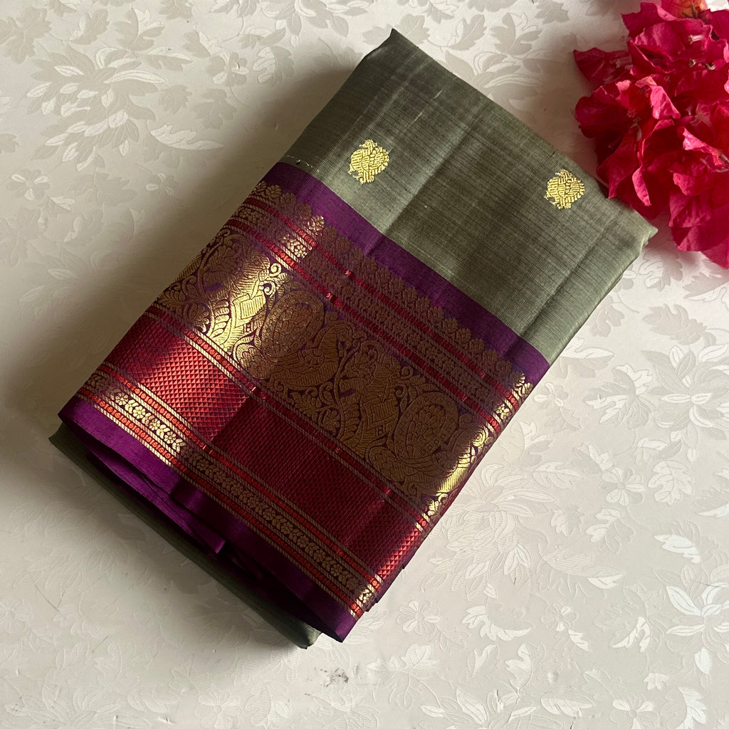 Sage Green Kanjeevaram Pure Zari Silk Saree With Royal Purple Pallu