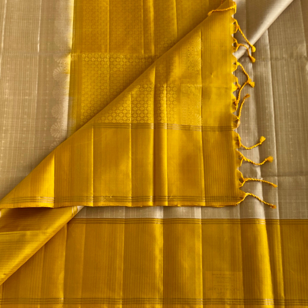 Rich Champagne Beige Designer Pure Silk Saree With Mango Yellow