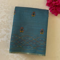 Teal Floral Embroidered Saree with Tassels and Lattice Mint Border