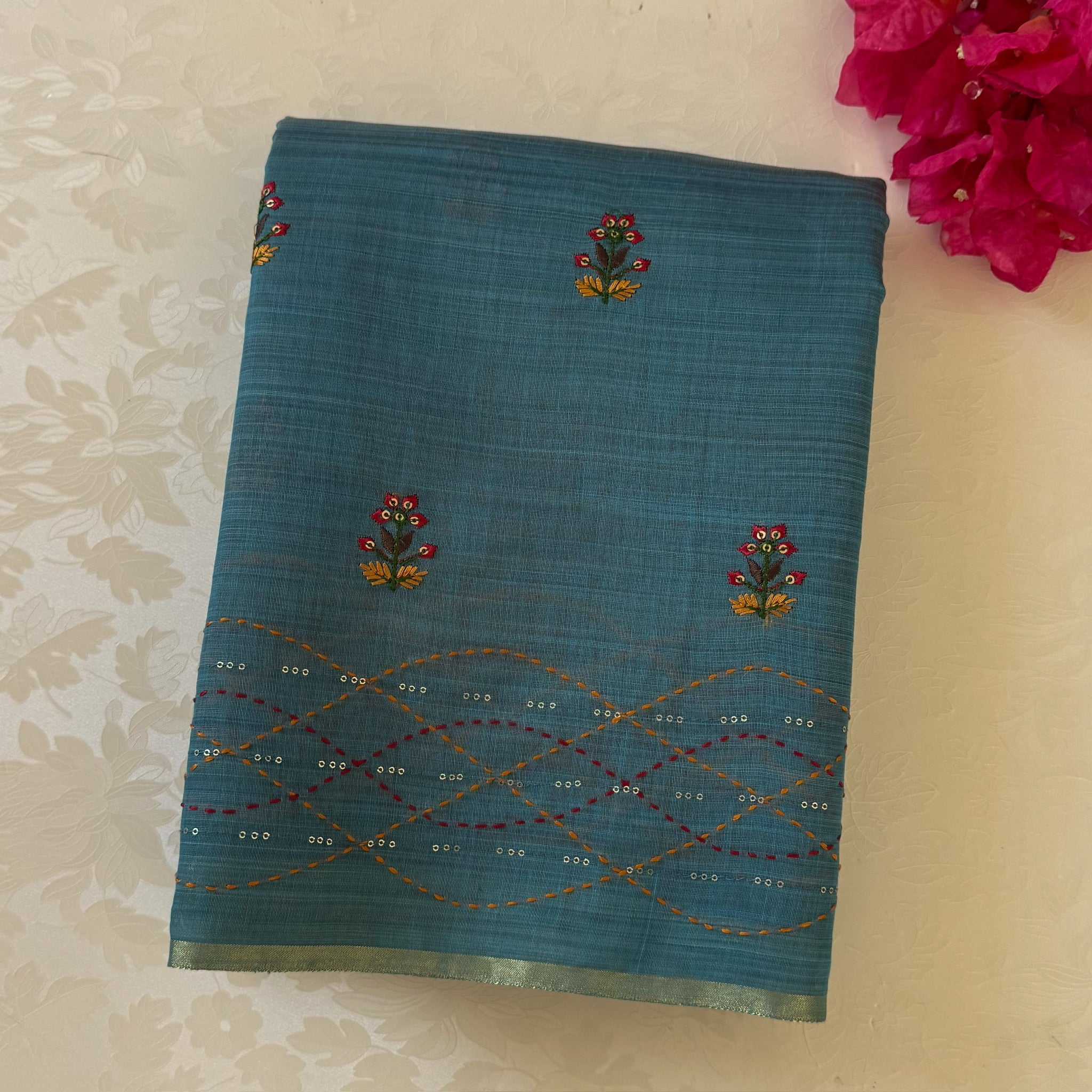 Teal Floral Embroidered Saree with Tassels and Lattice Mint Border