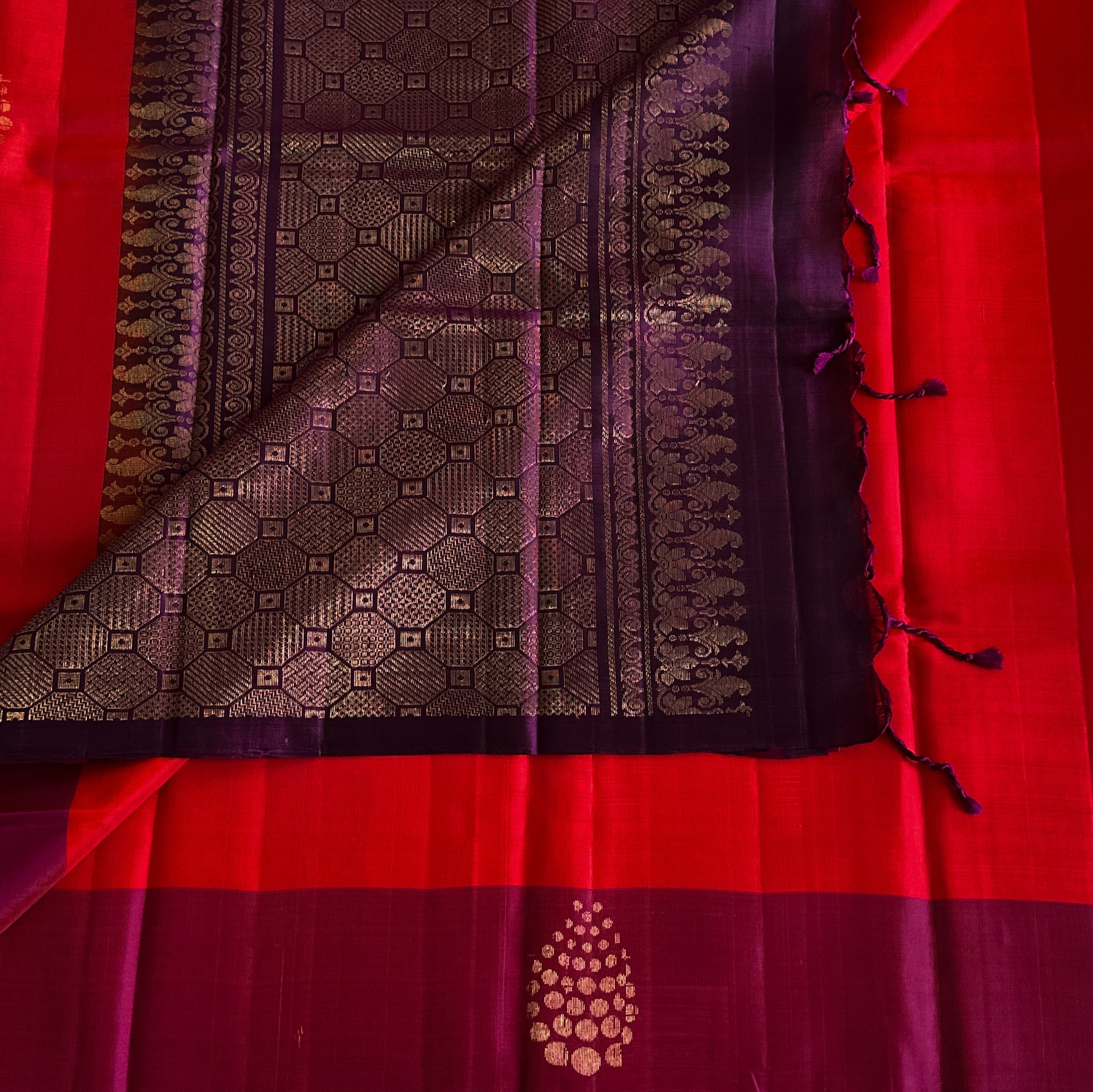Crimson Orangish Red with magenta n purple designer pure Silk
