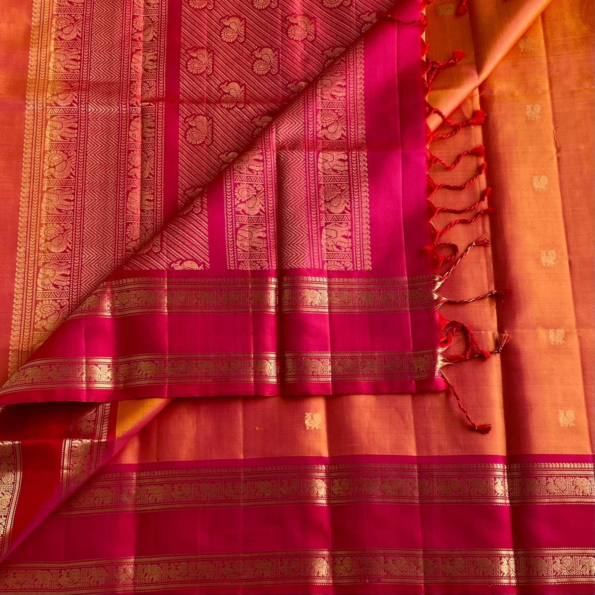 Dual Shaded Spanish Orange Designer Pure Silk Saree With Rani Pink Pallu
