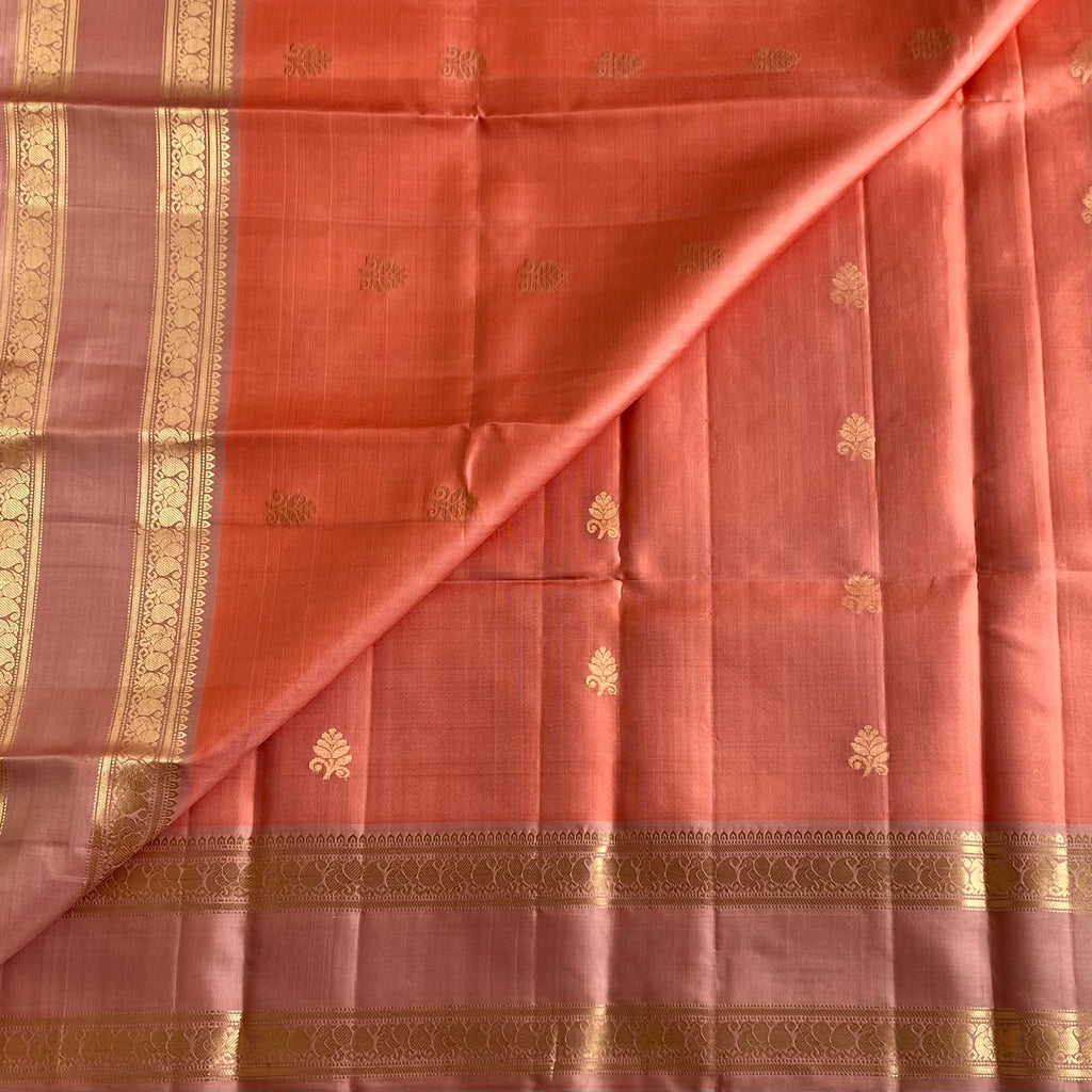 Coral Peach Designer Pure Silk Saree With Blush Pink Gold Brocade Border