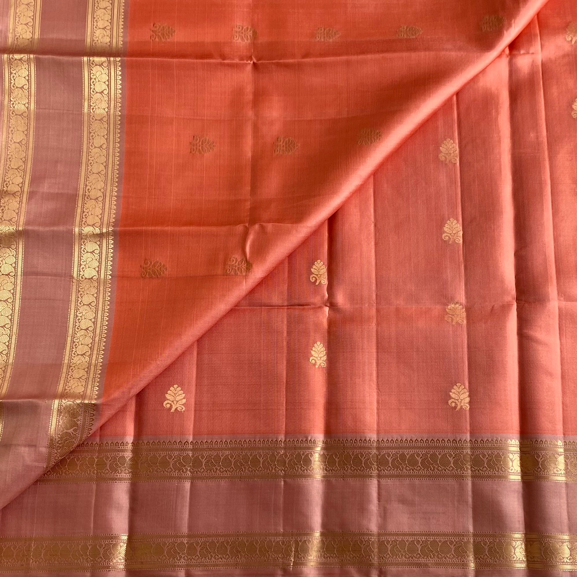 Coral Peach Designer Pure Silk Saree With Blush Pink Gold Brocade Border