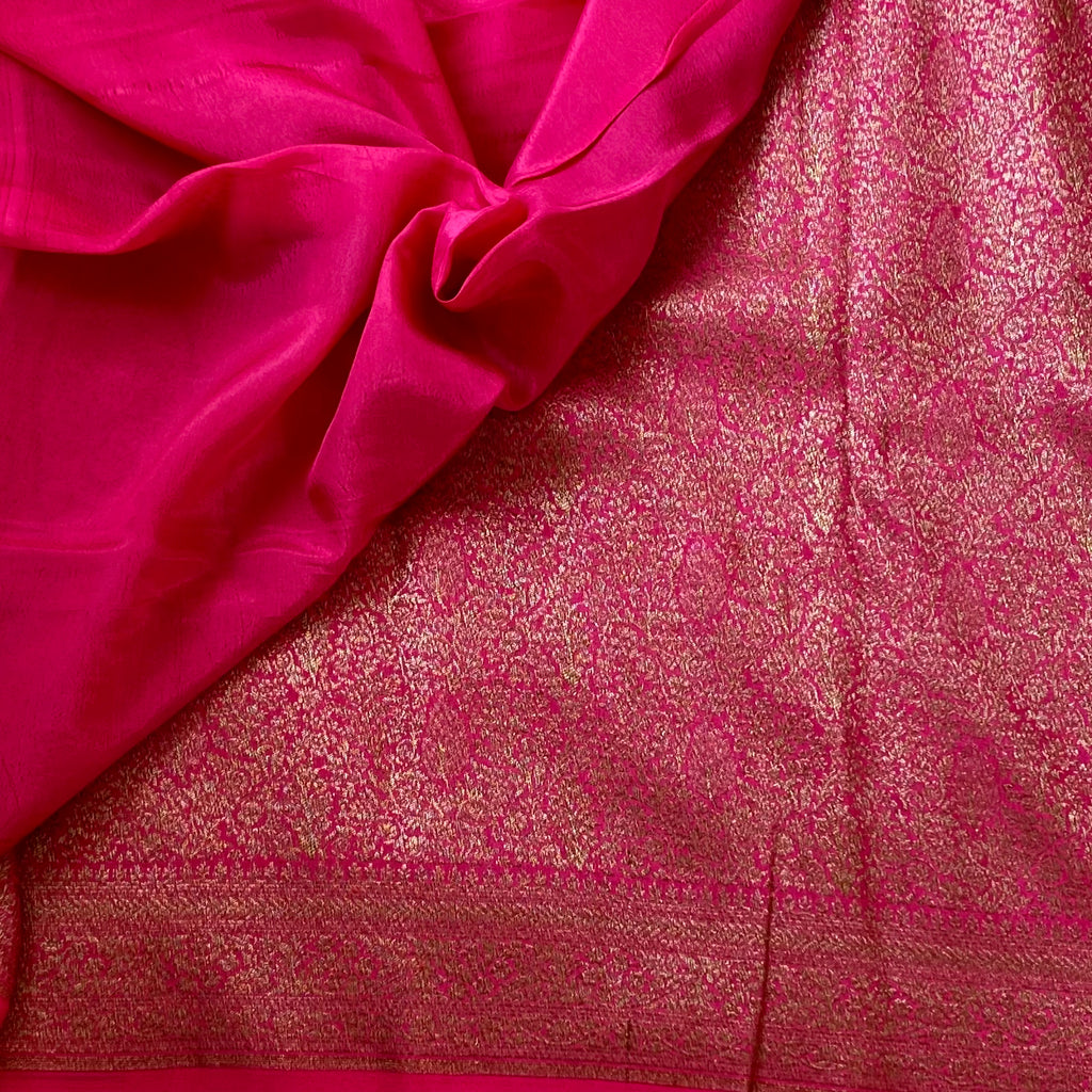 Magenta Gold Brocade Saree Elongated Paisley Pallu Wedding Wear Traditional