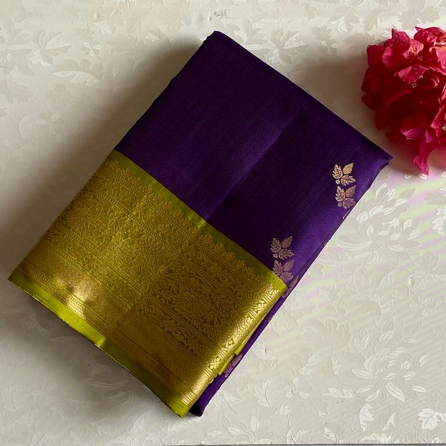 Indigo Purple Designer Pure Silk with Magical Olive Green Contrast
