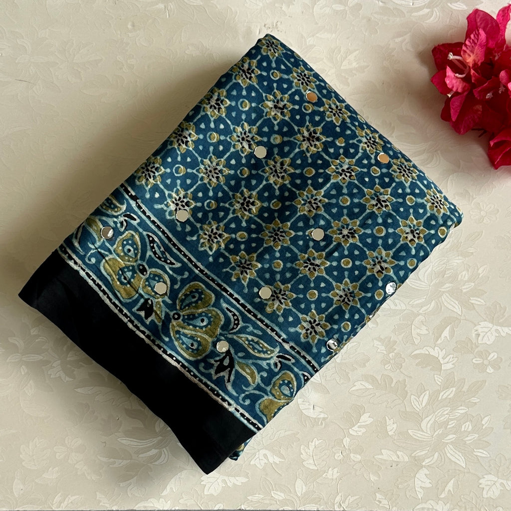 Denim Blue Ajrakh Handblock Printed Silk with Mirror Handwork With Jet Black Border