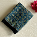 Denim Blue Ajrakh Handblock Printed Silk with Mirror Handwork With Jet Black Border