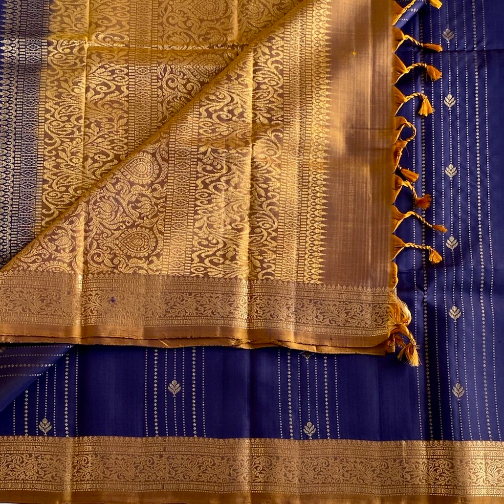 Royal Blue Designer Pure Silk Saree With Mustard Gold Pallu