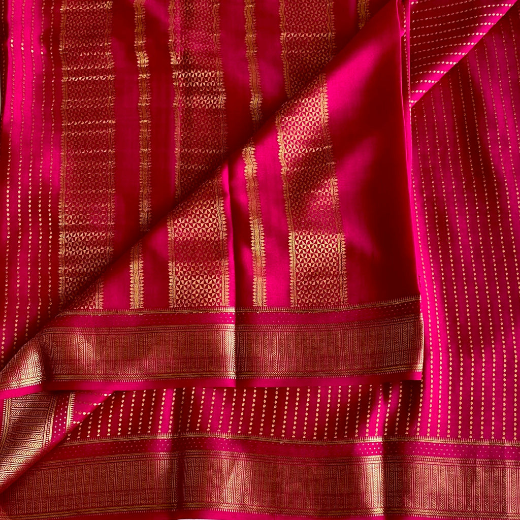 Mysore Crepe Silk Rani Pink Saree With Gold Zari Border