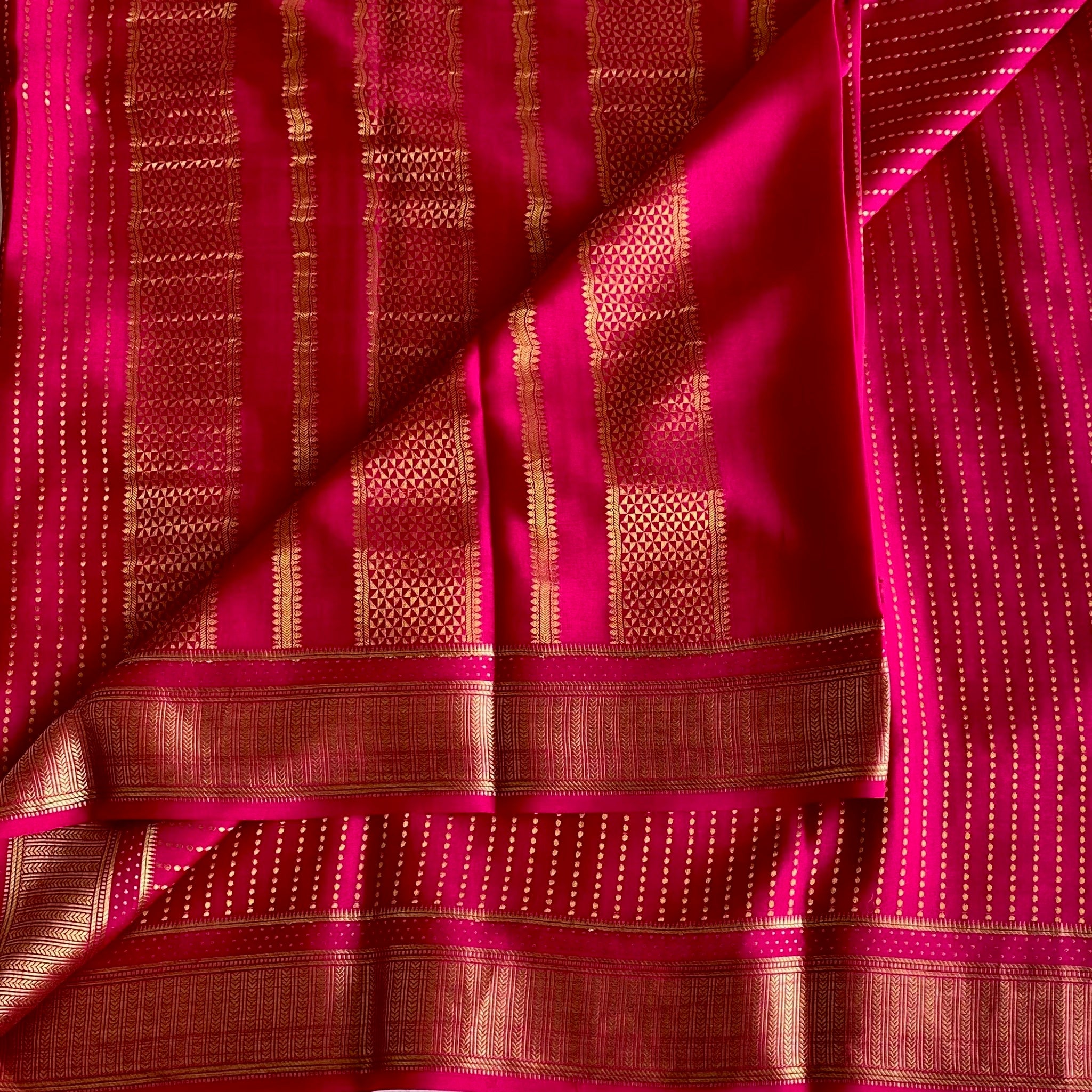 Mysore Crepe Silk Rani Pink Saree With Gold Zari Border