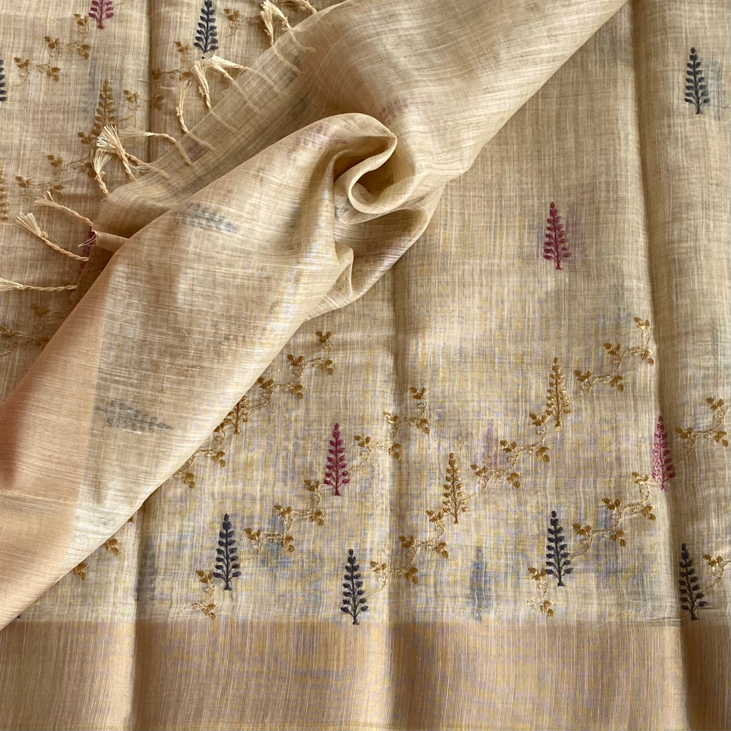 Light Beige Embroidered Saree Gold Sprigs Navy Pink Motifs Tassel