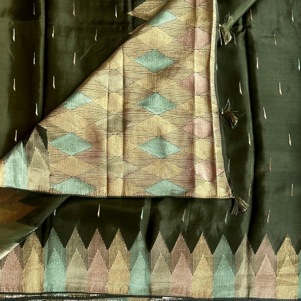 Olive Green soft satin crepe with designer borders n pallu