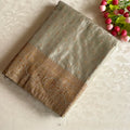 Lightest Sage Greyish Green Soft Satin Crepe Silk Saree With Antique Gold Pallu