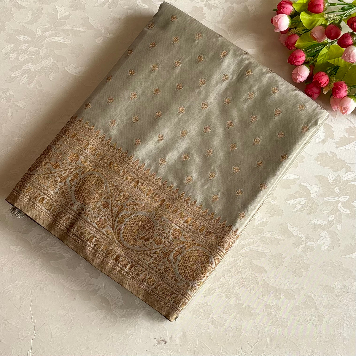 Lightest Sage Greyish Green Soft Satin Crepe Silk Saree With Antique Gold Pallu