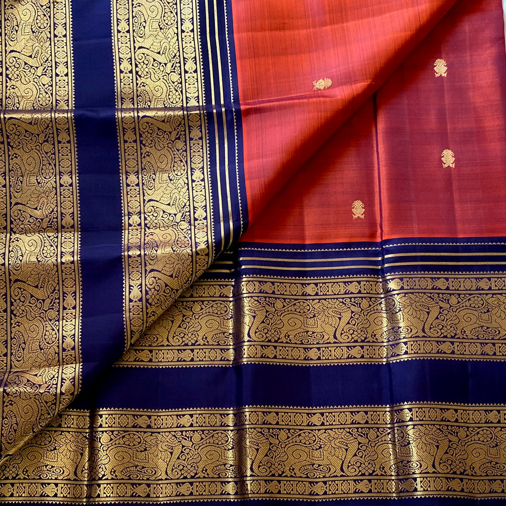 Vintage Masterpiece Rust with Classic Navy Blue Pure Kanjeevaram Silk