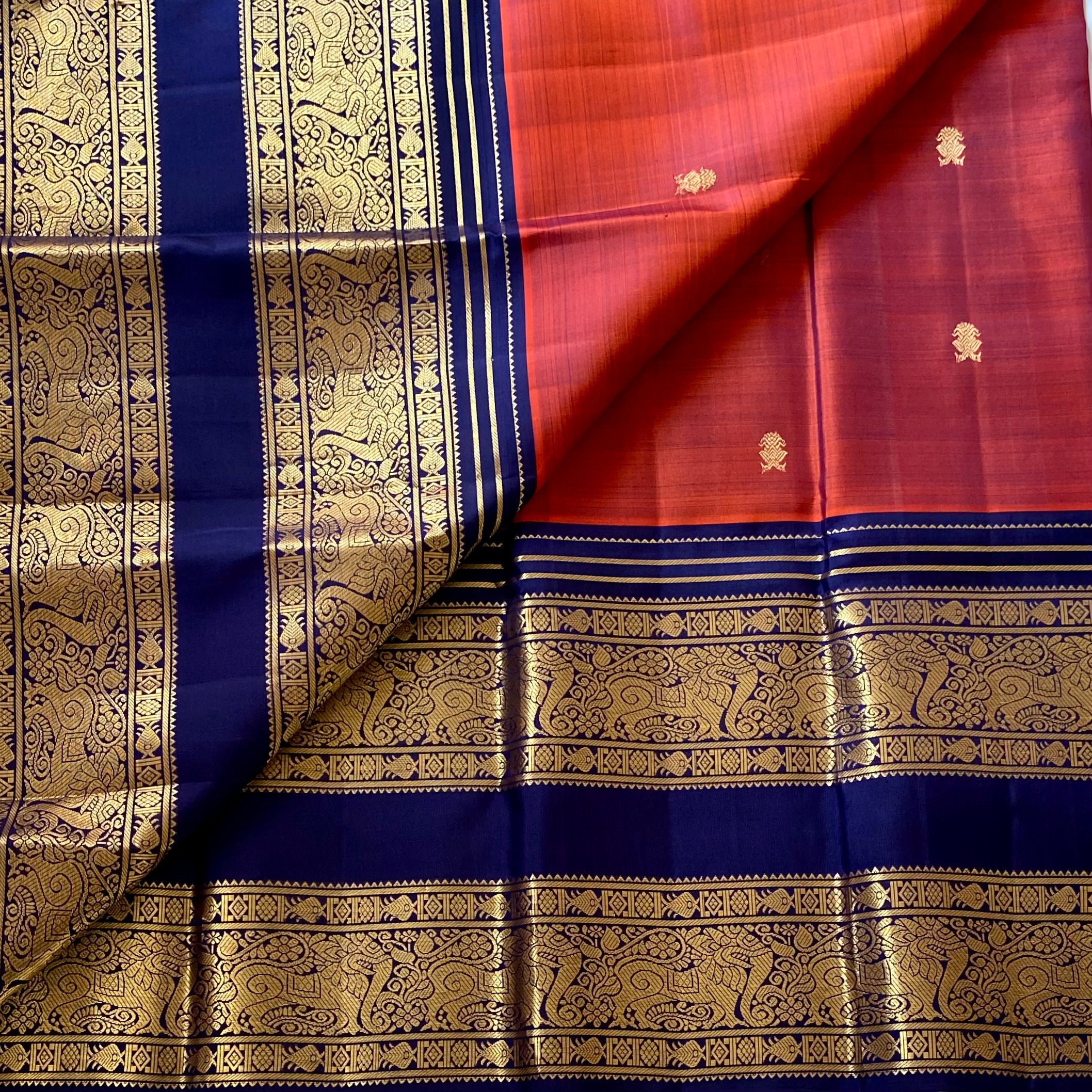 Vintage Masterpiece Rust with Classic Navy Blue Pure Kanjeevaram Silk