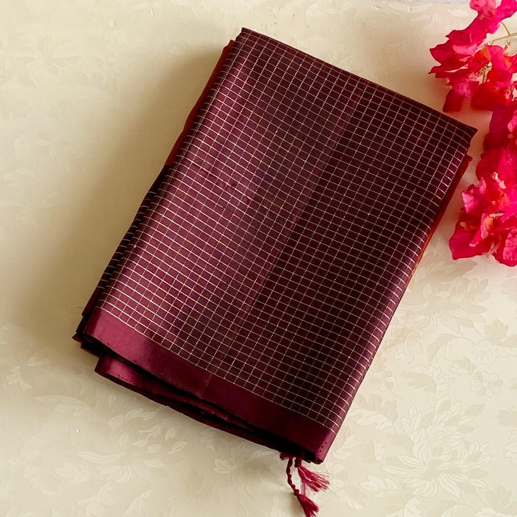 Burnt Orange Maroon Woven Saree Gold Buti Brocade Pallu Tassels