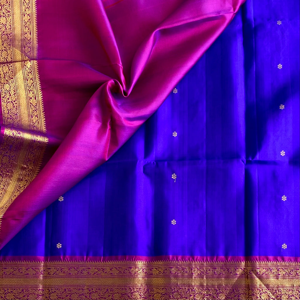 Vibrant Blue Designer Pure Silk Saree With Magenta Pink Pallu