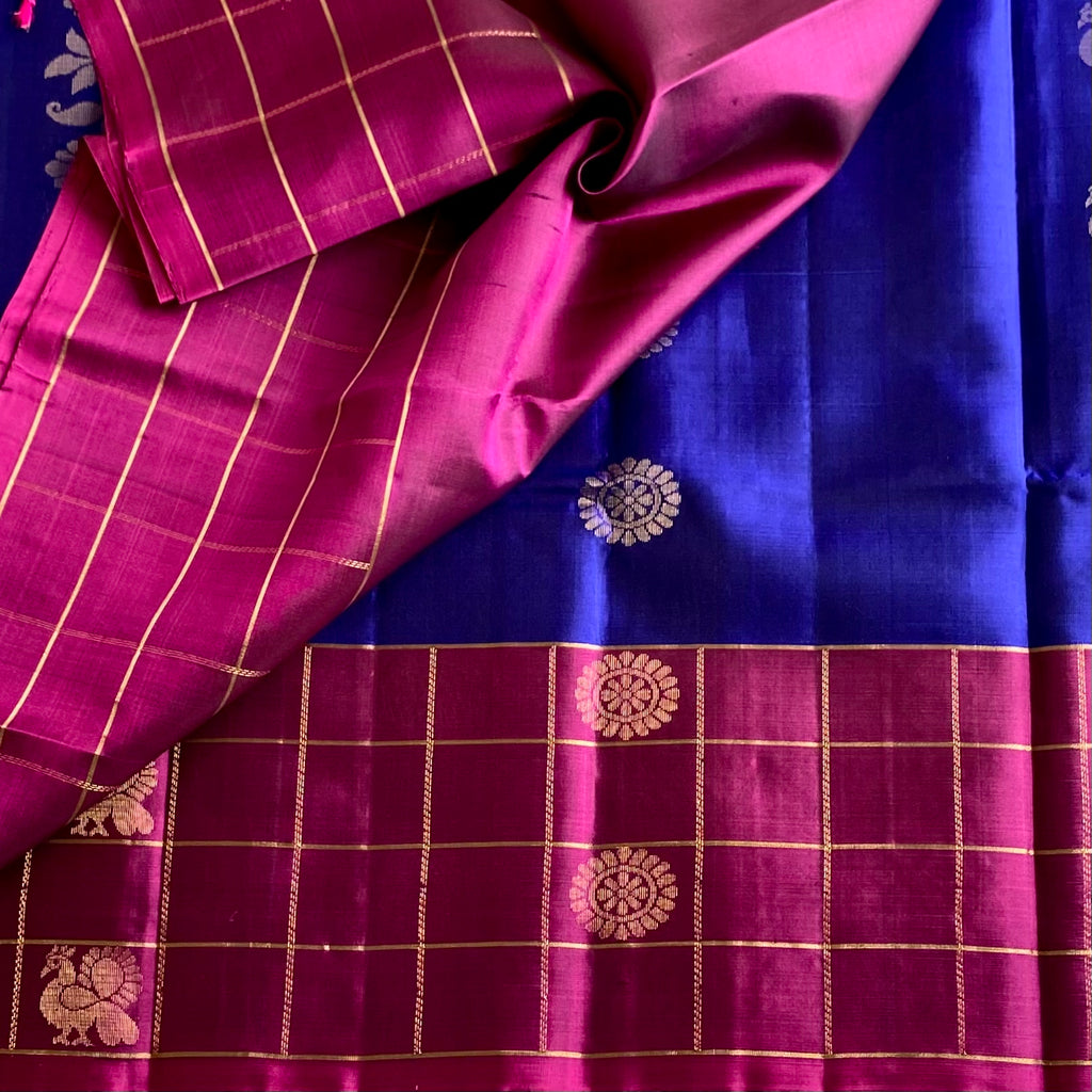 Royal Blue Designer Pure Silk Saree With Jewel Magenta Checkered Borders