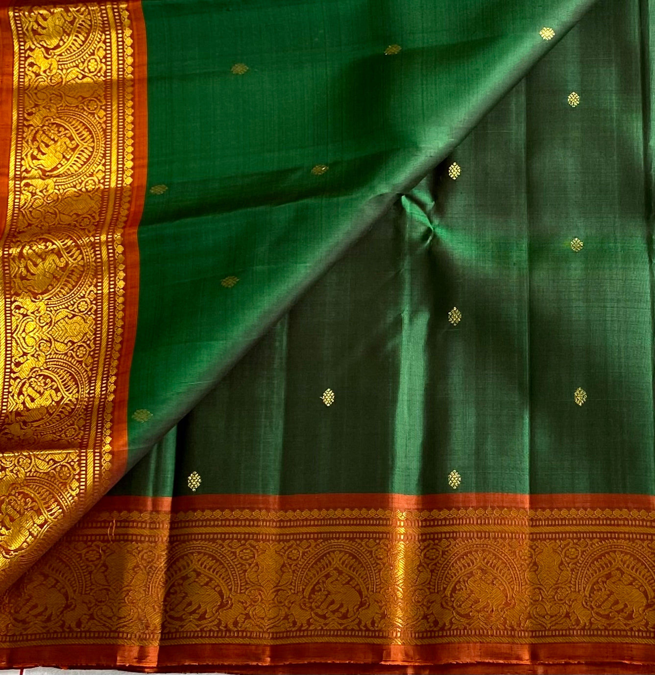Traditional Emerald Green Saree Rust Orange Pallu Gold Brocade Border