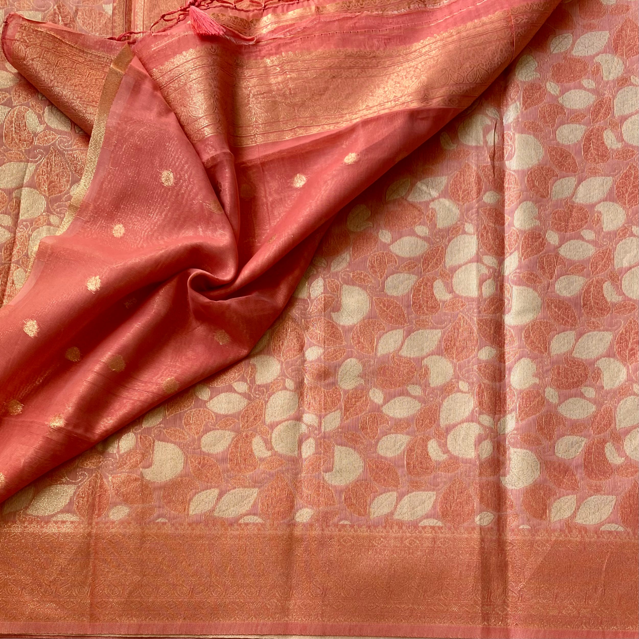 Coral Pink Golden Brocade Leaf Motif Saree With Tassels Festive