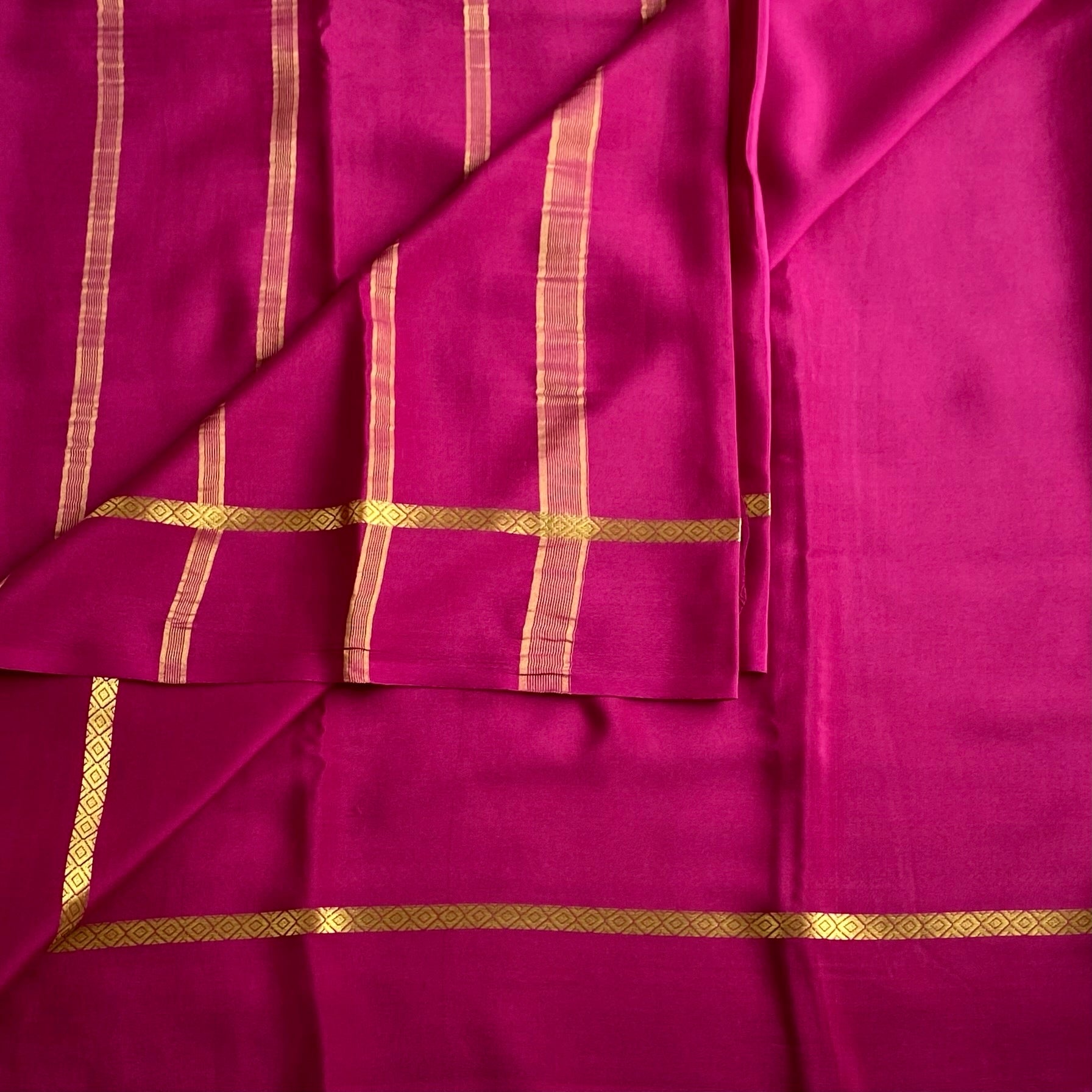 Deep Wine Magenta Mysore Crepe Silk Saree With Gold Border
