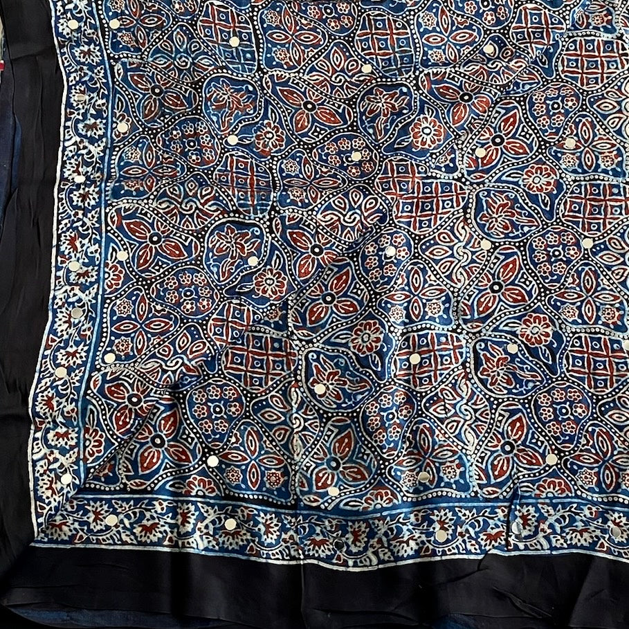 Indigo Blue AJRAKH HANDBLOCK PRINTED SILK Saree With Rust Red Paisley
