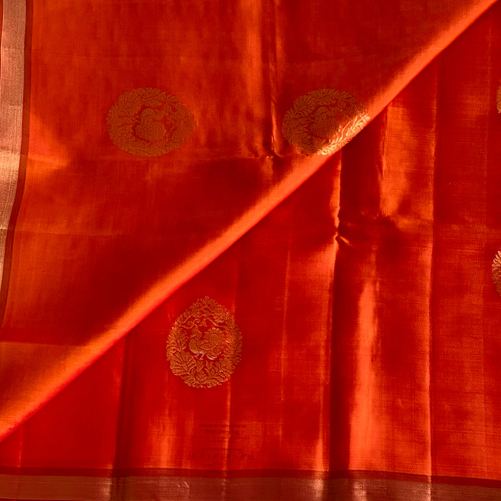 Tomato Red Designer Pure Silk Saree With Mustard Gold Pallu