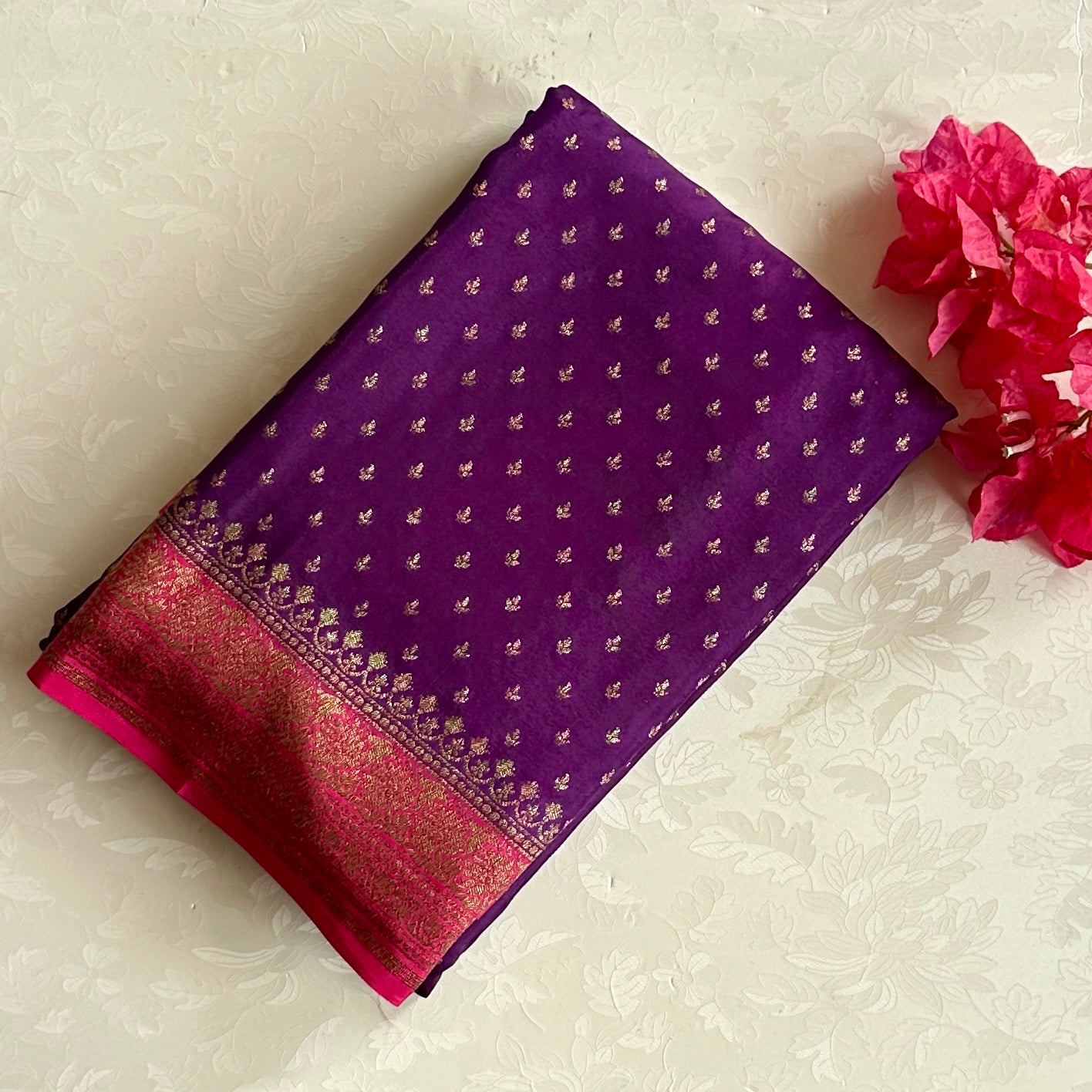 Stunner Purple with vibrant rani pink Banarasi soft crepe silk