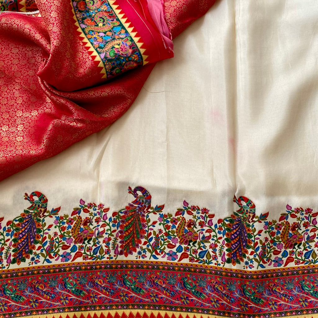 Traditional Ivory Silk Floral Paisley Embroidered Saree Gold Thread Border