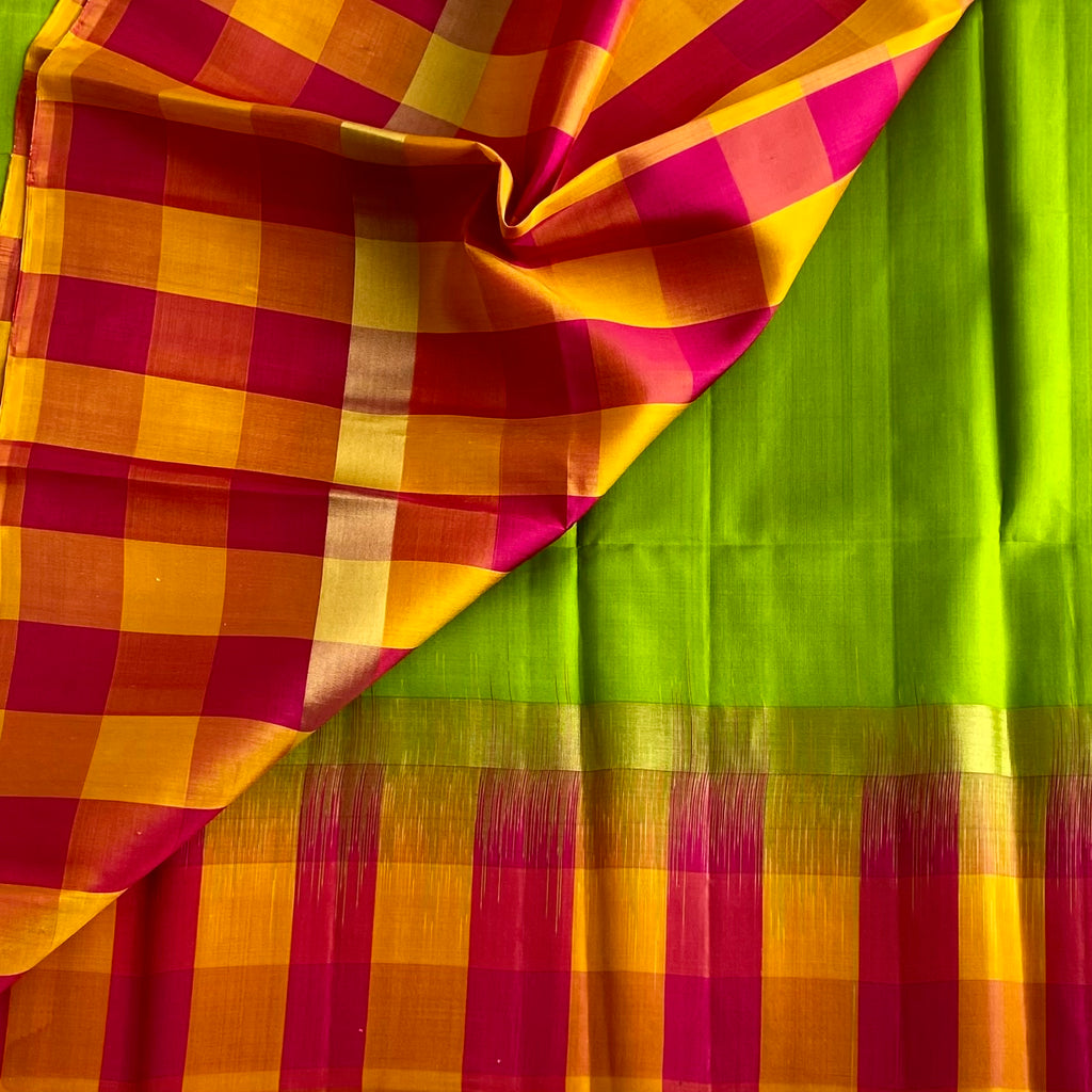 Stunner Green With Multi Checkered Borders Designer Pure Silk Saree
