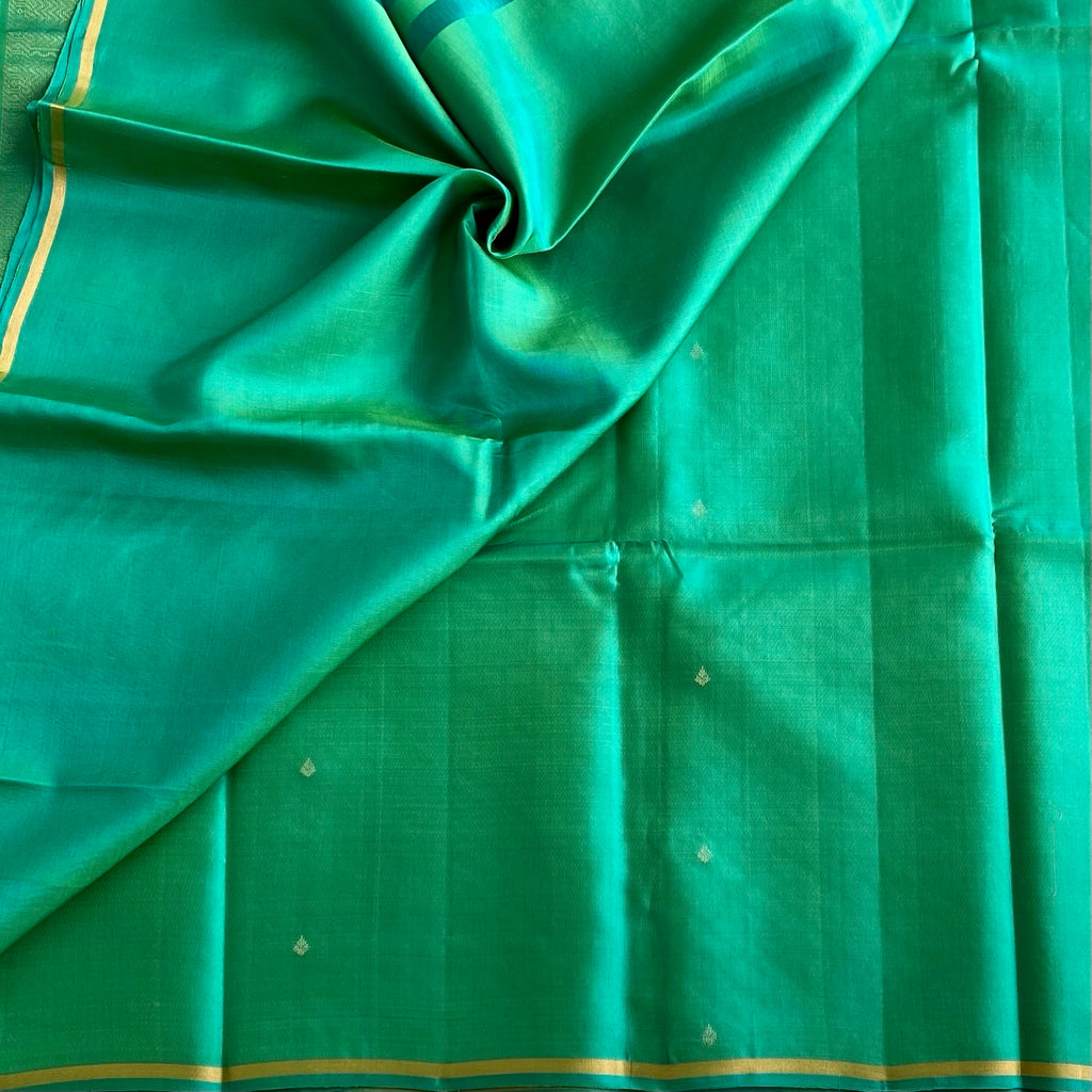 Sea Green Designer Pure Silk Saree With Gold Zari Border