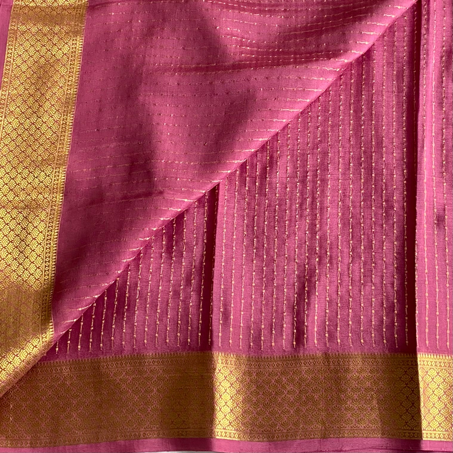 Onion Pink Mysore Crepe Silk Saree With Metallic Gold Border