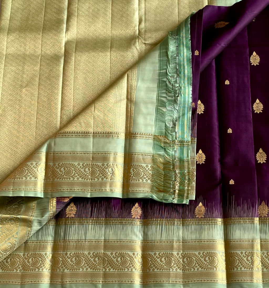Plum Mint Silk Saree Gold Zari Butta Wide Border Wedding
