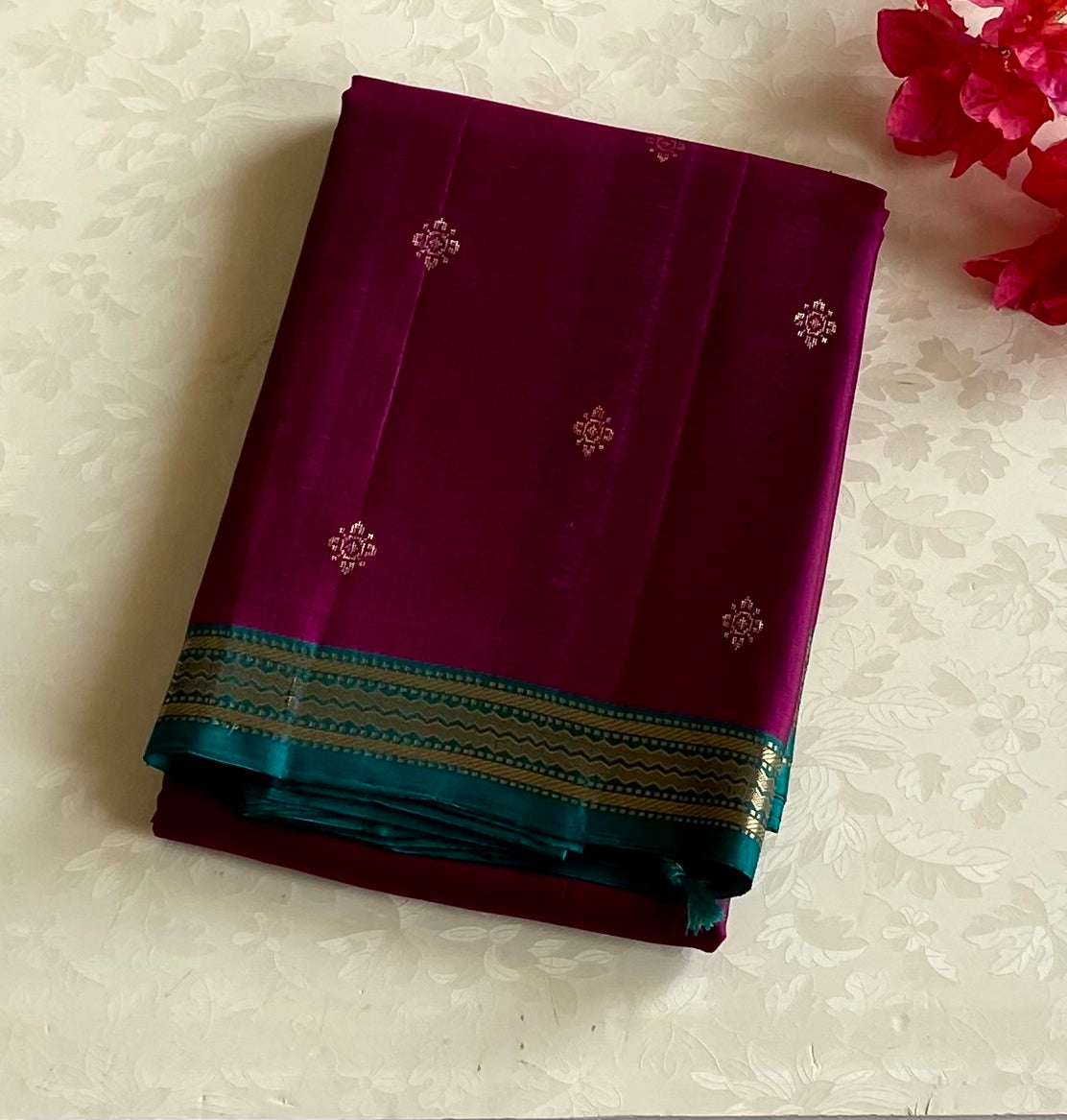 Magenta Teal Silk Saree Silver Zari Floral Pallu Traditional Festive