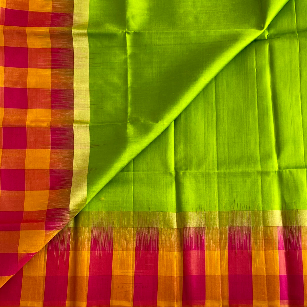 Stunner Green With Multi Checkered Borders Designer Pure Silk Saree