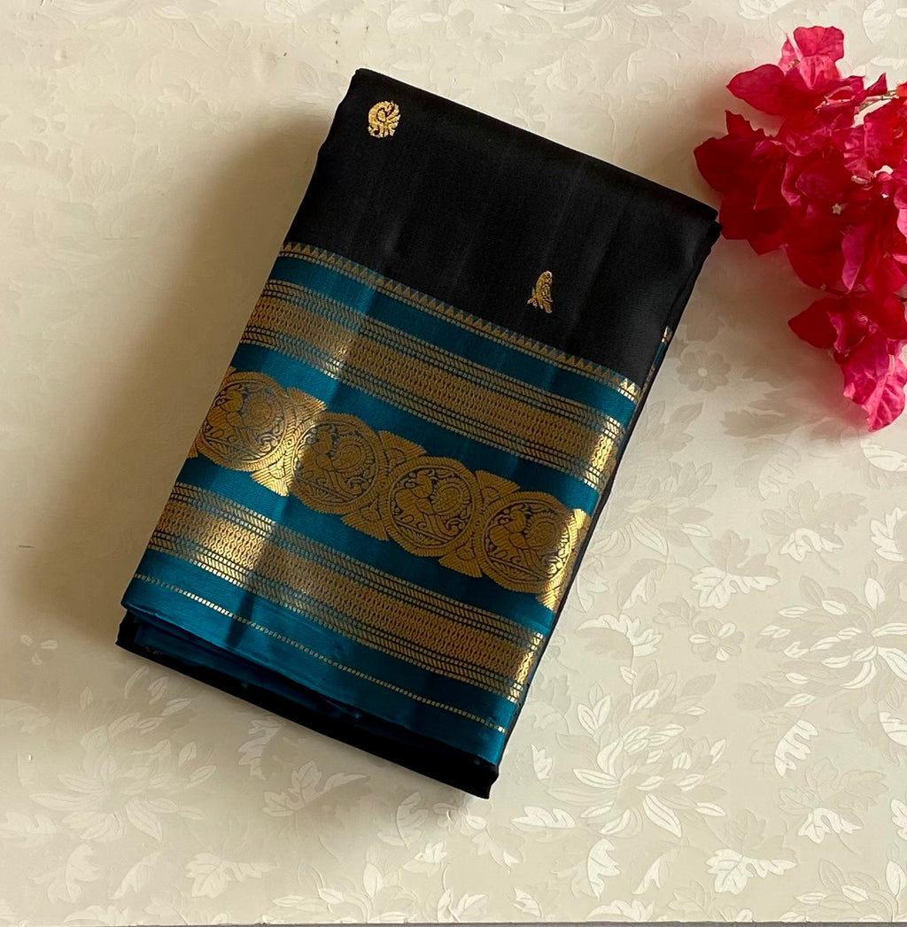 Gorgeous Black with Teal Blue Pure Kanjeevaram Silk