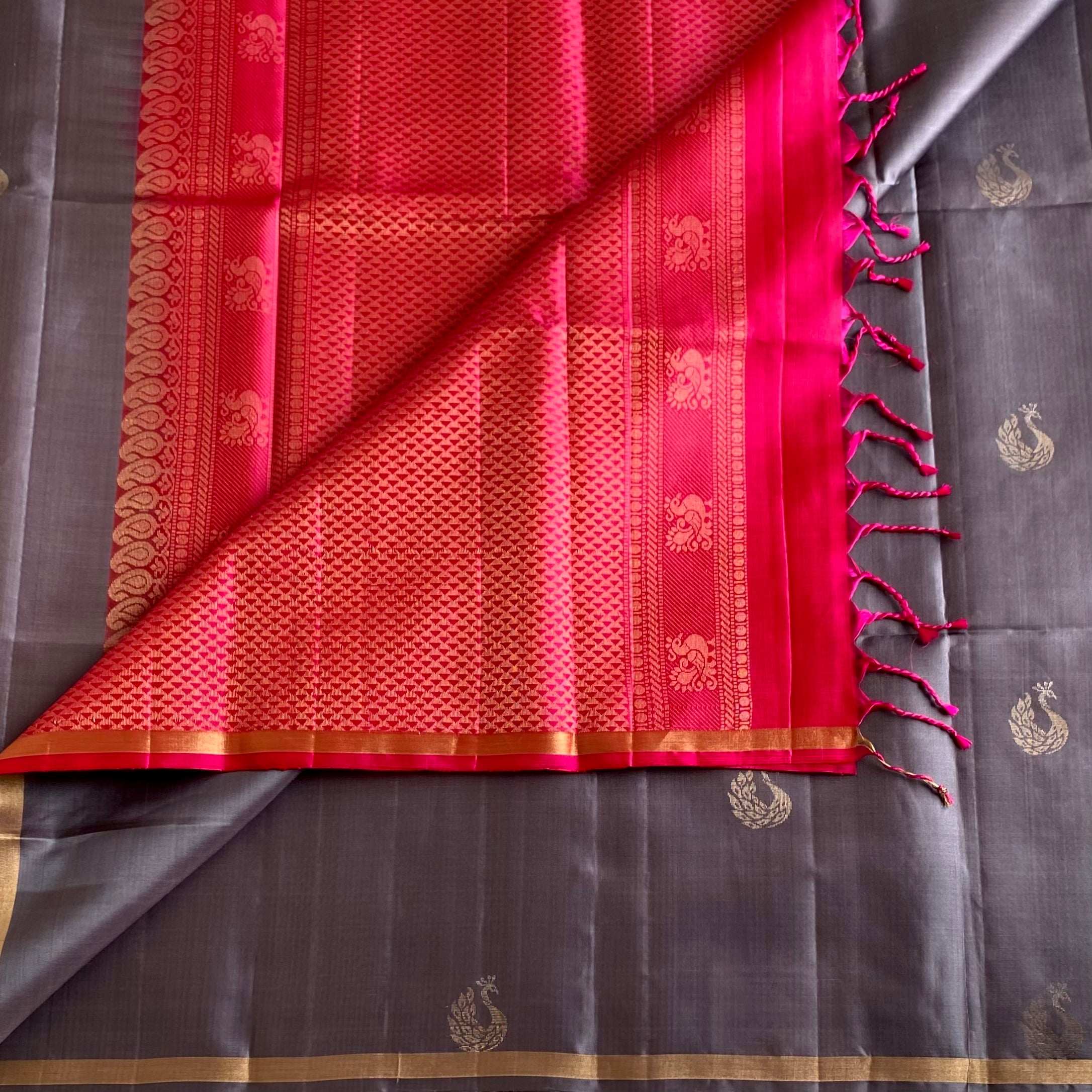Charcoal Gray Designer Pure Silk Saree With Rani Pink Pallu