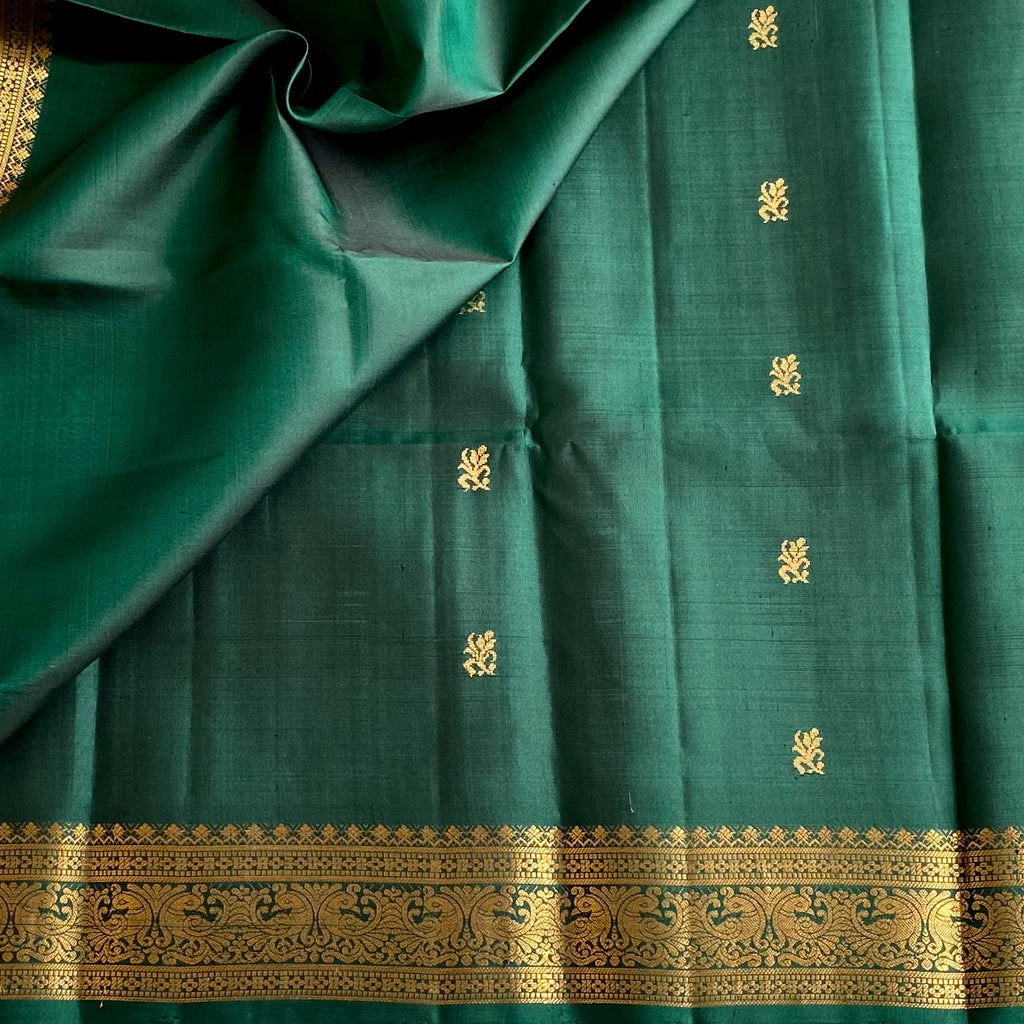 Deep Teal Green Designer Pure Silk Saree With Antique Gold Pallu