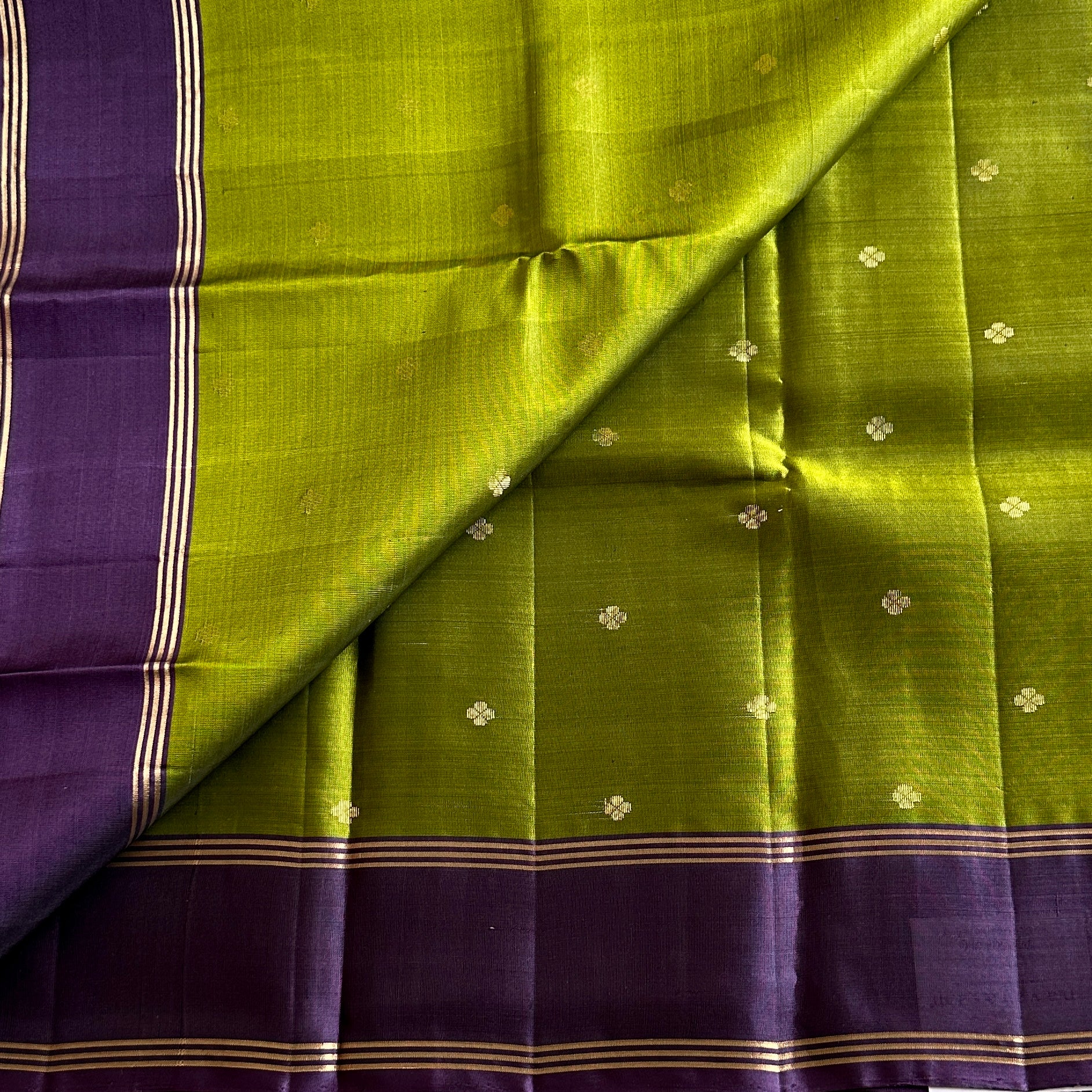 Chartreuse Green with Deep Purple Designer Lightweight Pure Silk