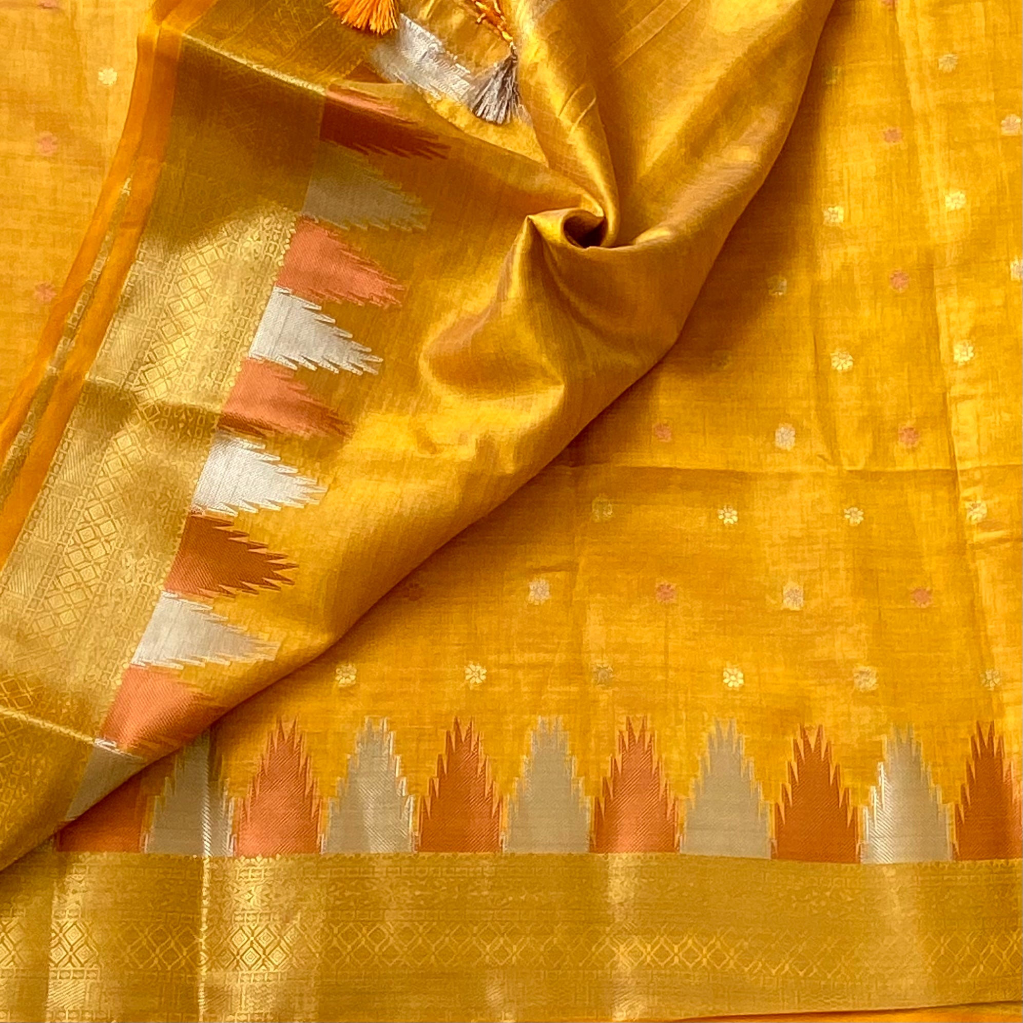 Mustard Yellow Zari soft tussar silk with temple borders
