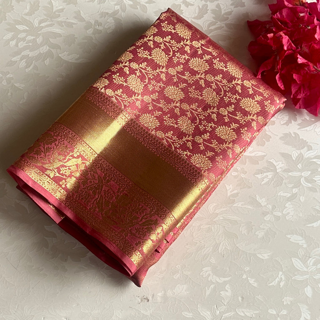 Pastel Rose Pink Designer Brocade Pure Silk Saree
