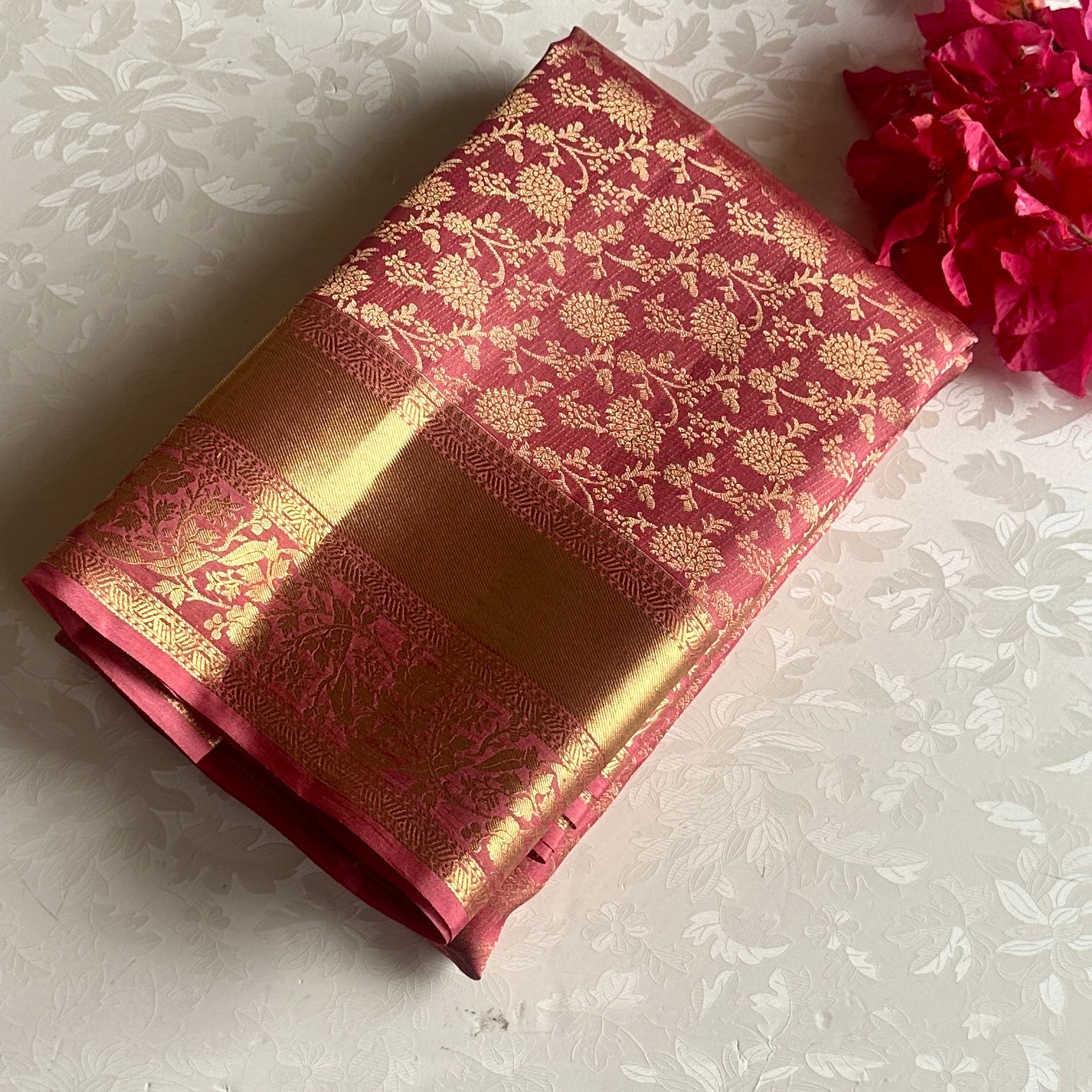 Pastel Rose Pink Designer Brocade Pure Silk Saree