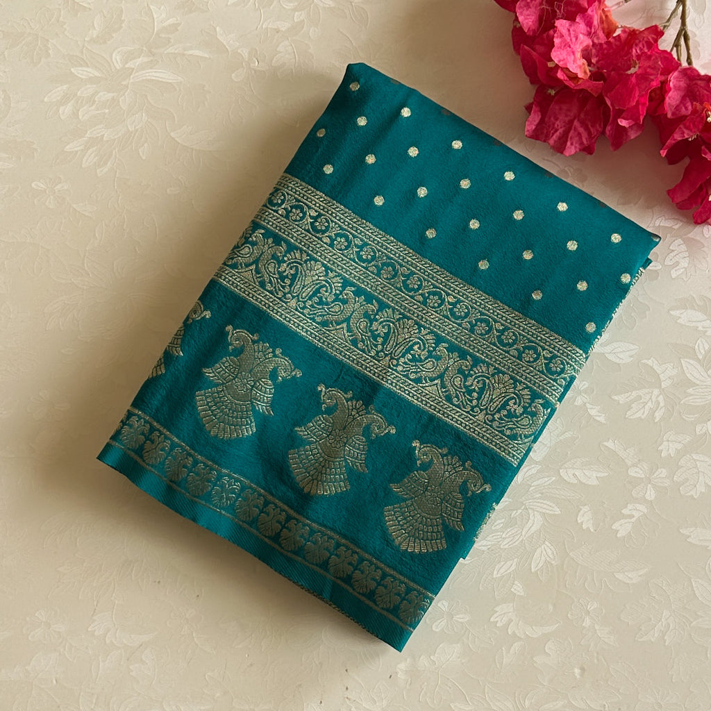 Teal Brocade Zari Saree Paisley Pallu Dotted Buti Traditional Wedding