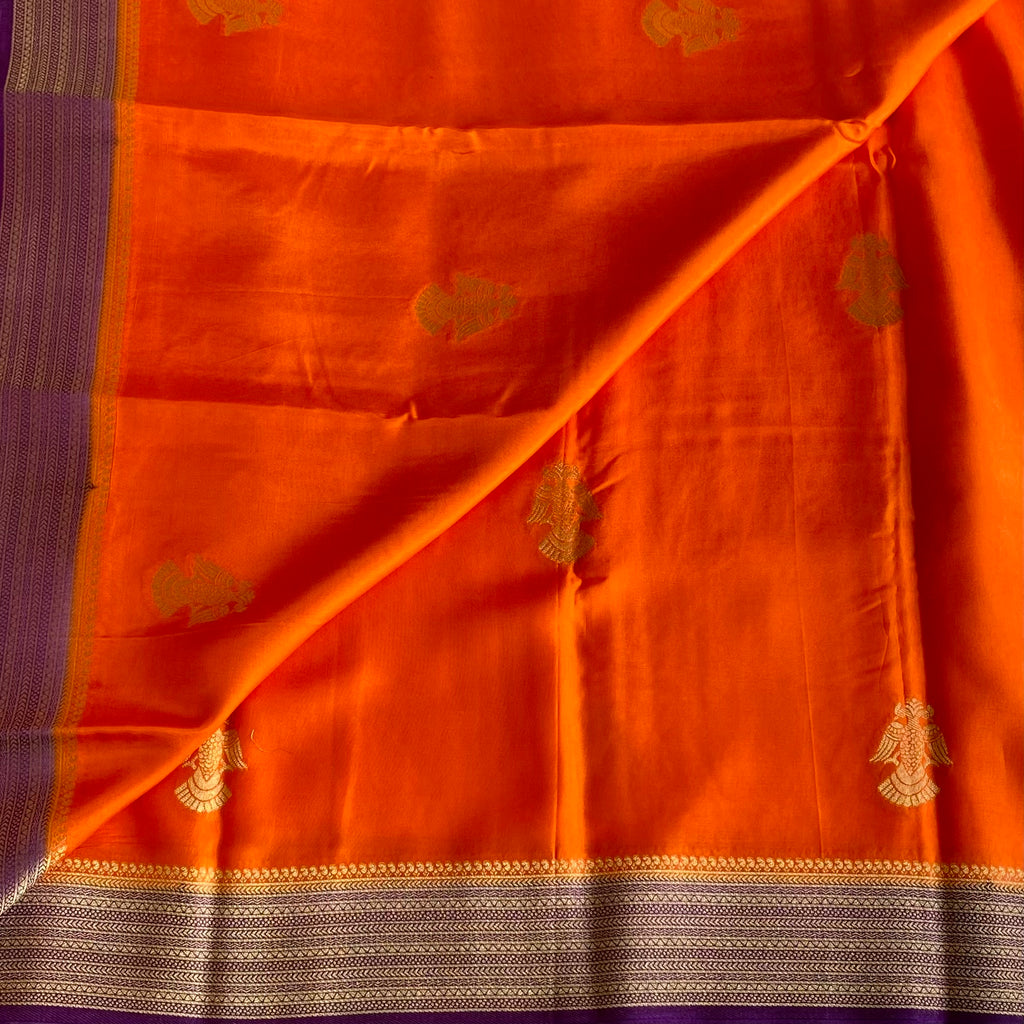 Designer Orange Soft Crepe Silk Saree With Royal Purple Pallu