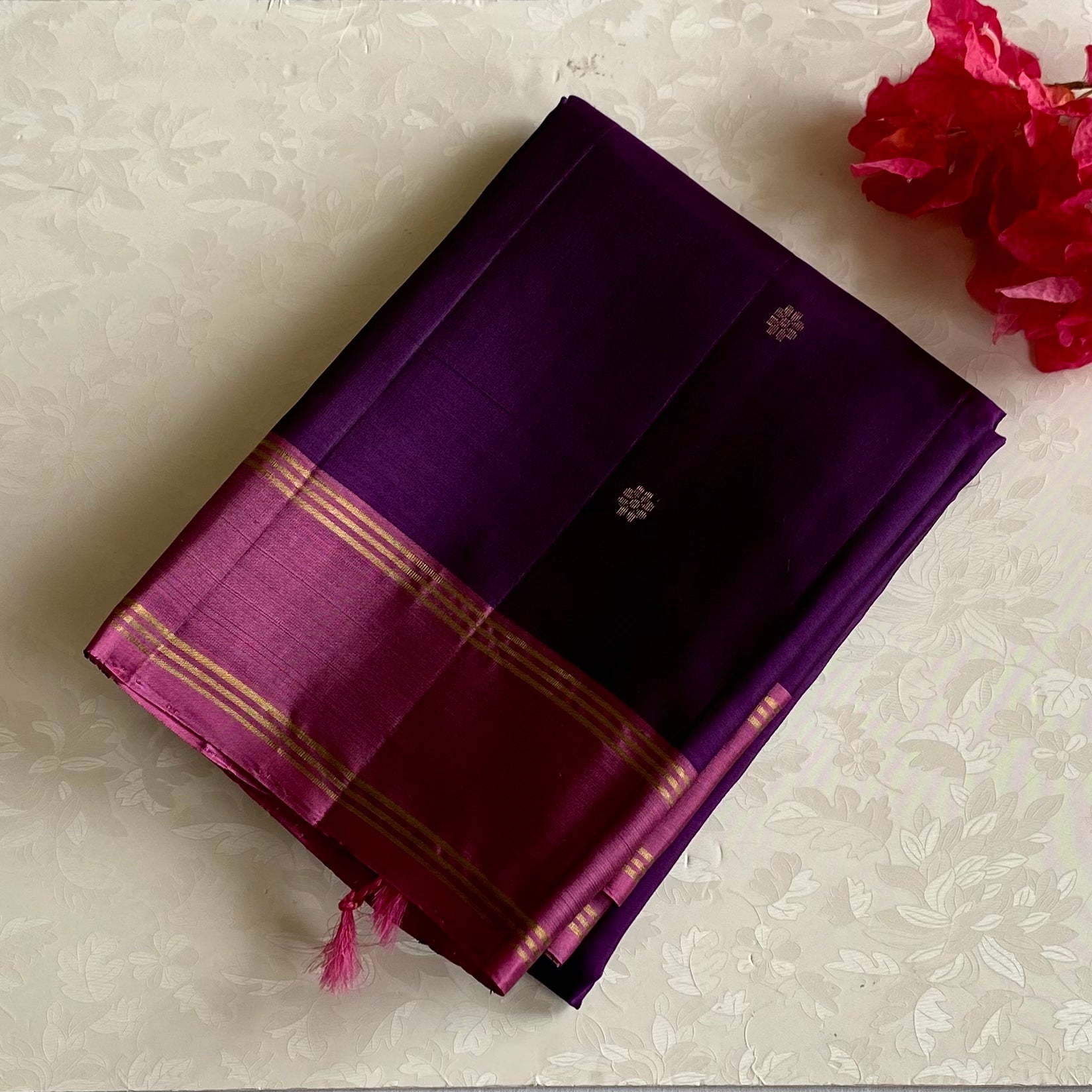 Deep Purple Designer Pure Silk Saree With Metallic Pink Pallu
